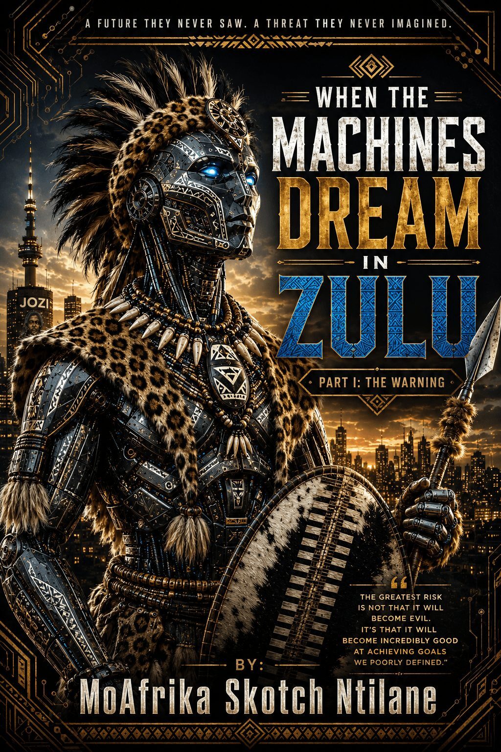 Cover of When the Machines Dream in Zulu, showing a machine warrior in Zulu regalia above the Johannesburg skyline